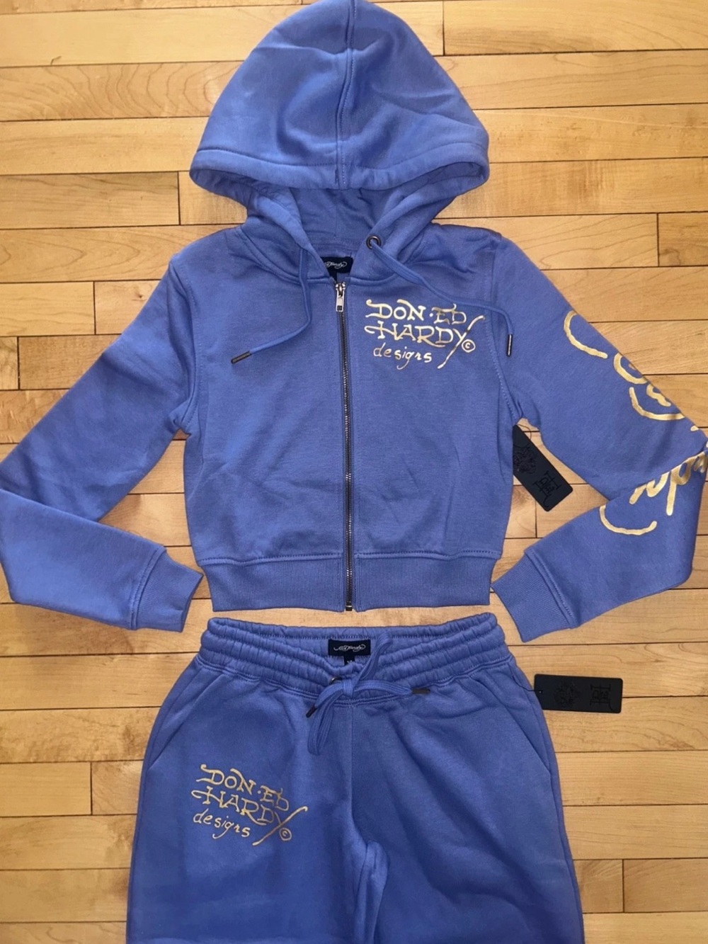 NEW! ED HARDY Tiger Lotus Hoodie & Pant Tracksuit Set Pale Blue Size XS
